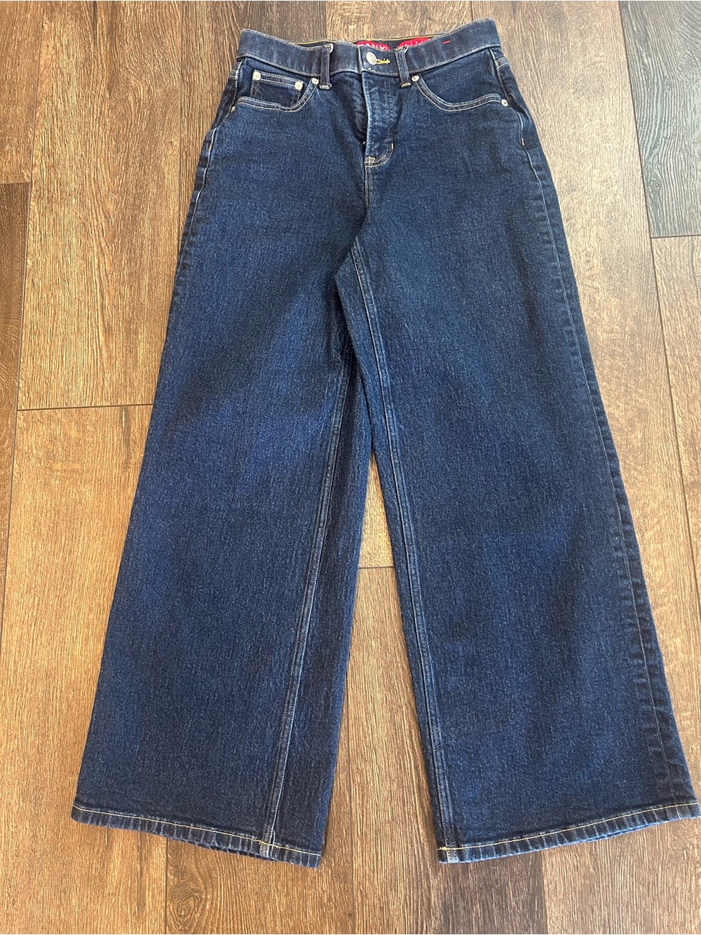 Spanx Dark Wash High Rise Wide Leg Jeans, Stretch Shaping, Petite Small